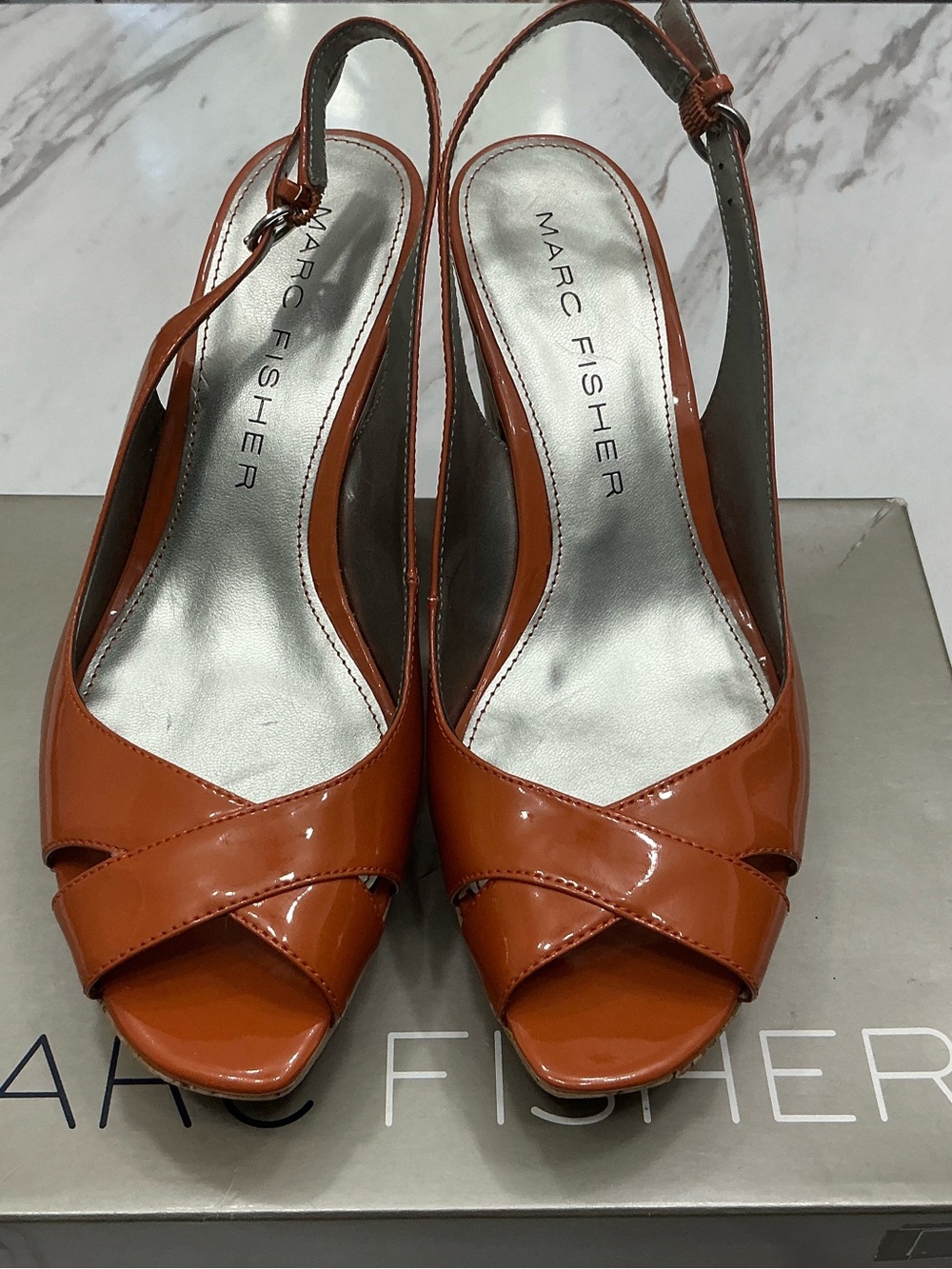 Marc Fisher Orange Patent Peep-Toe Slingback Heels